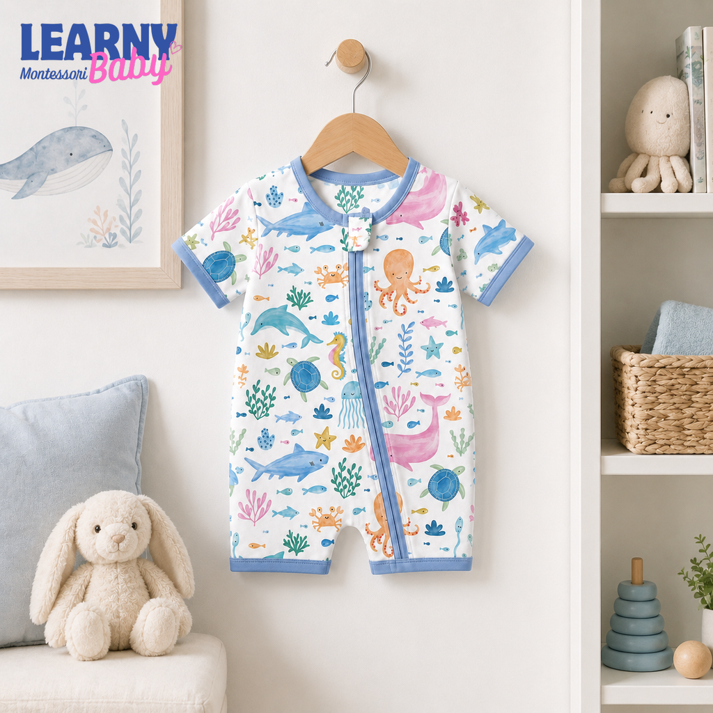 Ocean Animals Bamboo Baby Convertible Zippy Pajamas, Sea Life Baby Sleeper, Marine Newborn Pajamas, Toddler Sleepwear