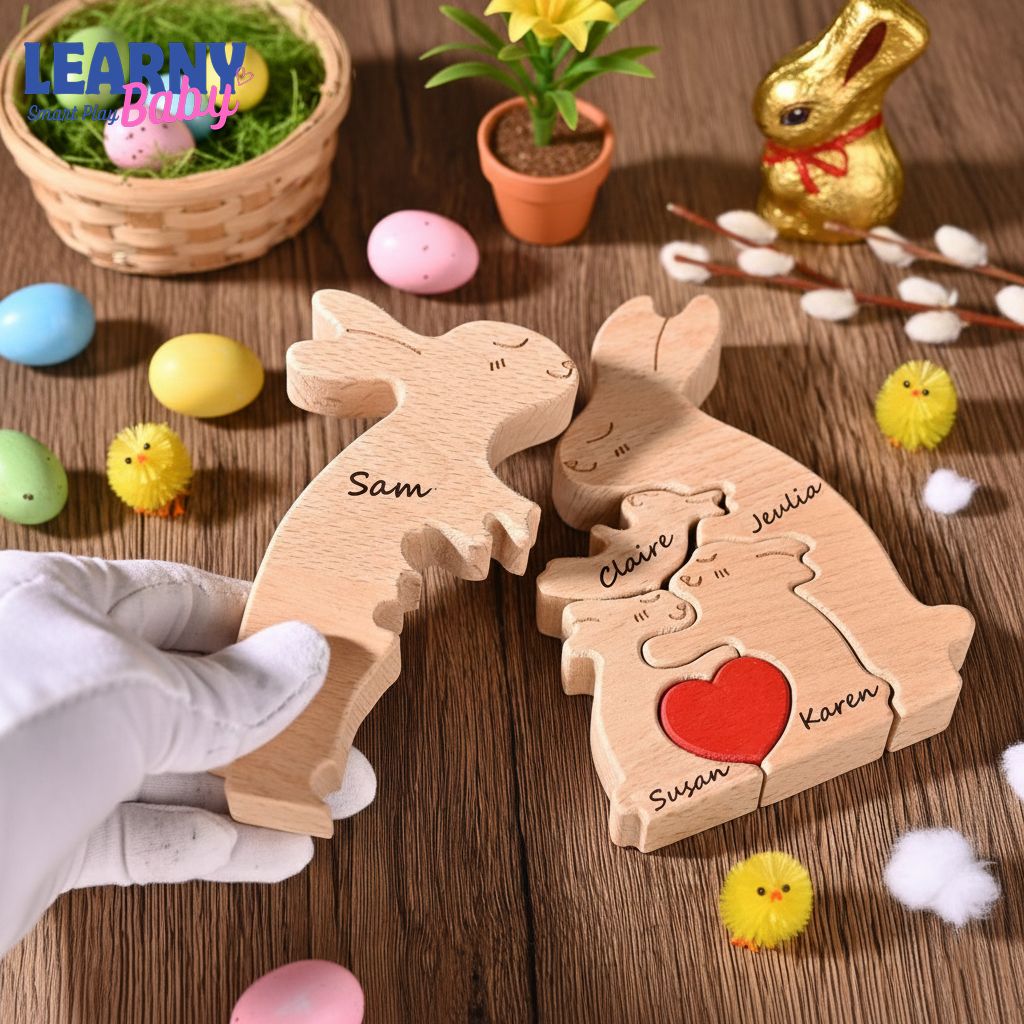 Personalized Easter Bunny Family Puzzle, Custom Wooden Rabbit Name Sign, Easter Day Decor, Unique Family Gift for Mom Dad Kids