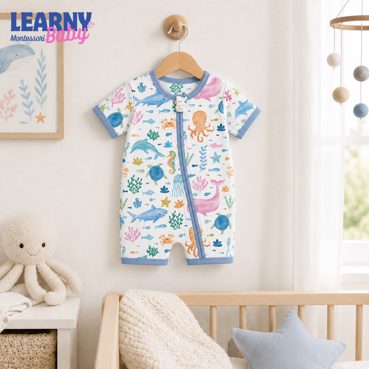 Ocean Animals Bamboo Baby Convertible Zippy Pajamas, Sea Life Baby Sleeper, Marine Newborn Pajamas, Toddler Sleepwear