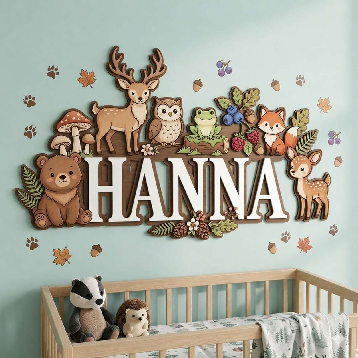 Personalized Name Sign for Nursery, Woodland Animal Wooden Wall Decor, Custom Baby Name Sign, Forest Baby Room Decor, Baby Shower Gift