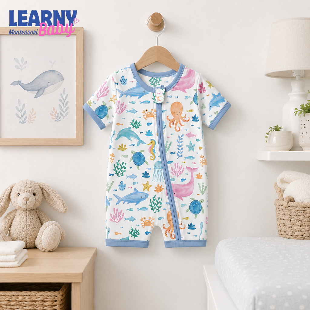 Ocean Animals Bamboo Baby Convertible Zippy Pajamas, Sea Life Baby Sleeper, Marine Newborn Pajamas, Toddler Sleepwear