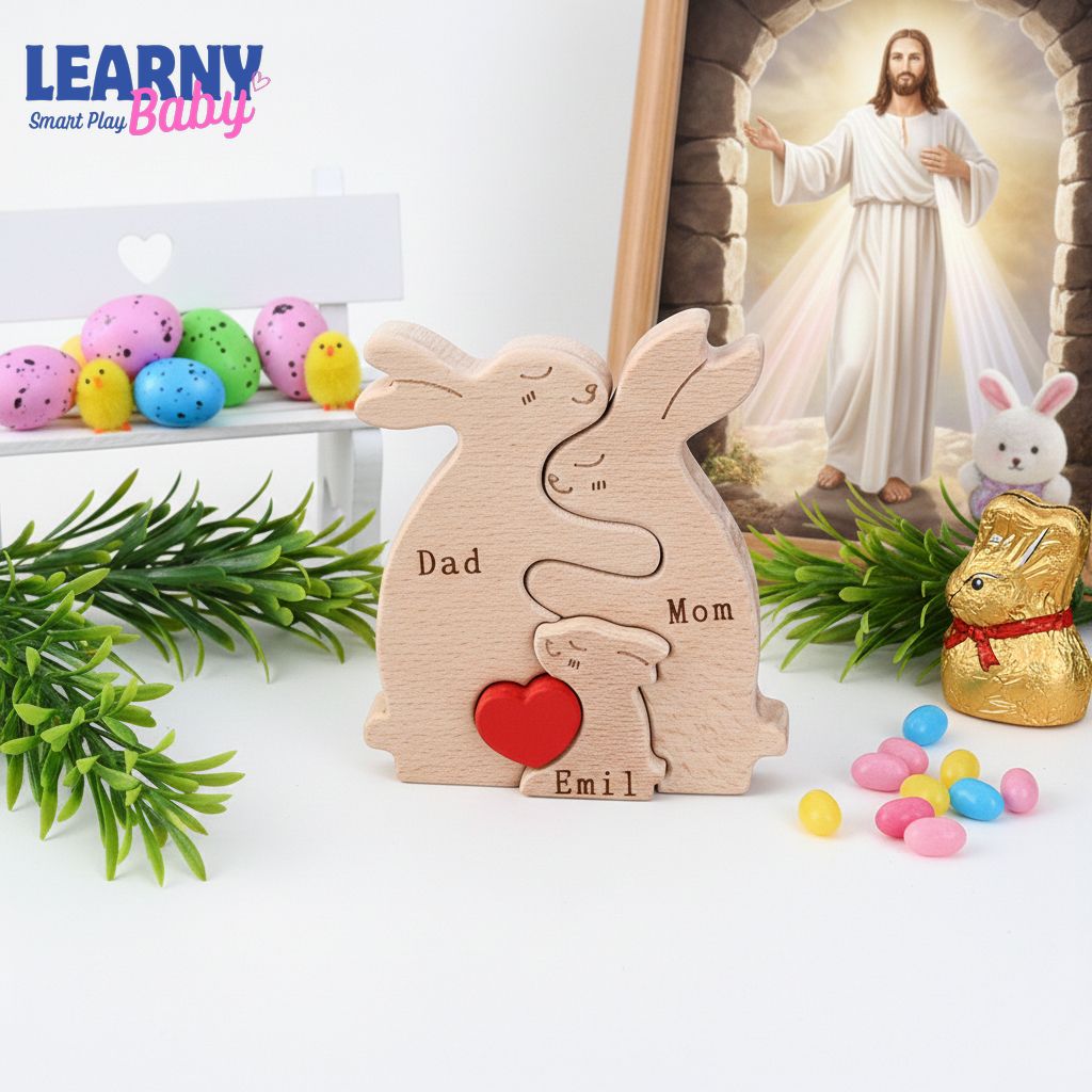 Personalized Easter Bunny Family Puzzle, Custom Wooden Rabbit Name Sign, Easter Day Decor, Unique Family Gift for Mom Dad Kids