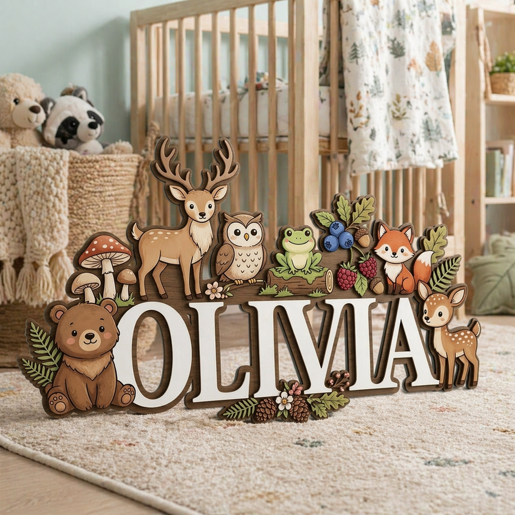 Personalized Name Sign for Nursery, Woodland Animal Wooden Wall Decor, Custom Baby Name Sign, Forest Baby Room Decor, Baby Shower Gift