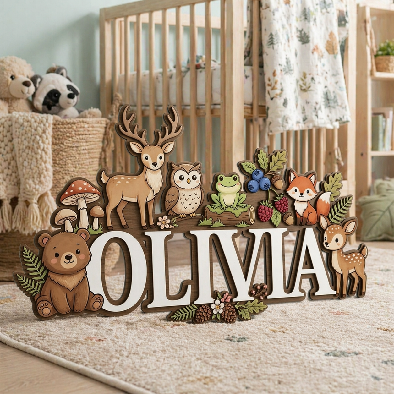 Personalized Name Sign for Nursery, Woodland Animal Wooden Wall Decor, Custom Baby Name Sign, Forest Baby Room Decor, Baby Shower Gift