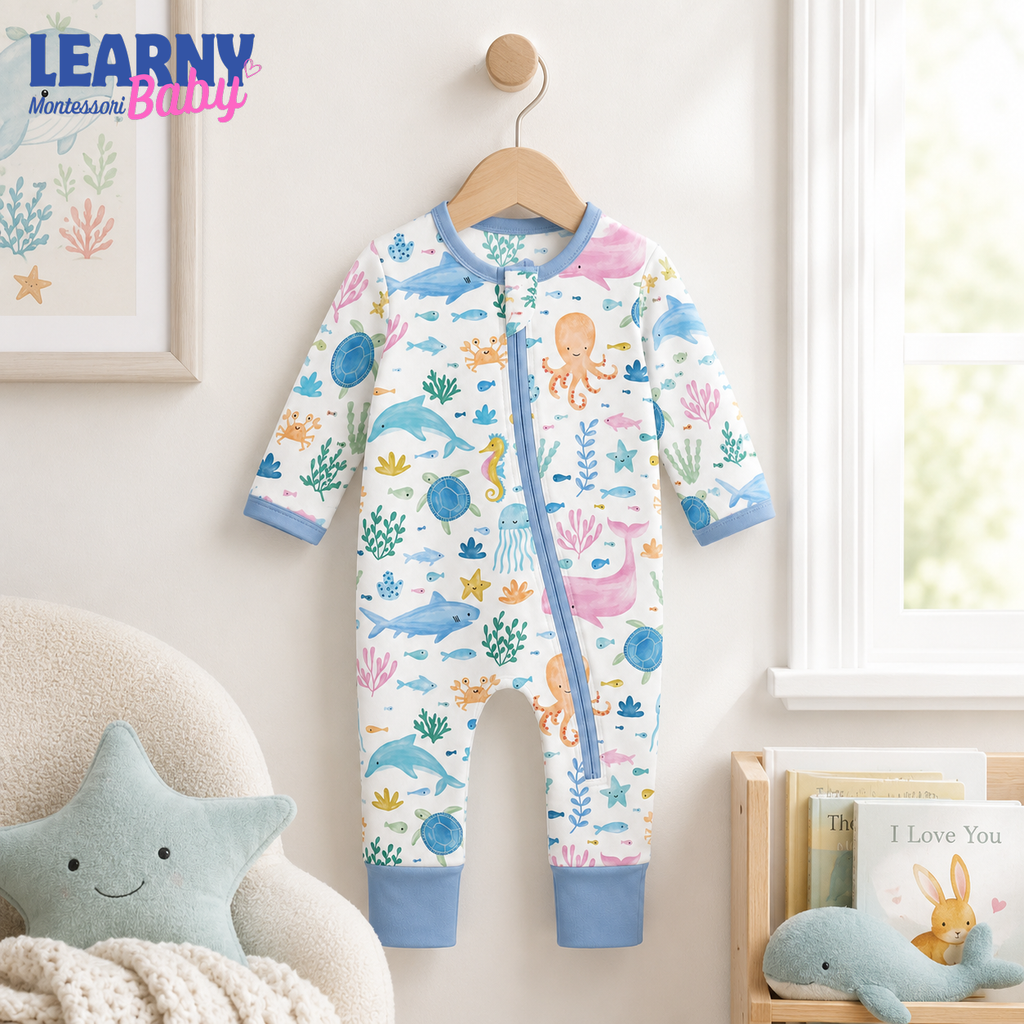 Ocean Animals Bamboo Baby Convertible Zippy Pajamas, Sea Life Baby Sleeper, Marine Newborn Pajamas, Toddler Sleepwear