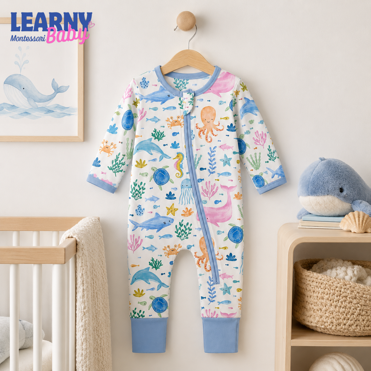 Ocean Animals Bamboo Baby Convertible Zippy Pajamas, Sea Life Baby Sleeper, Marine Newborn Pajamas, Toddler Sleepwear