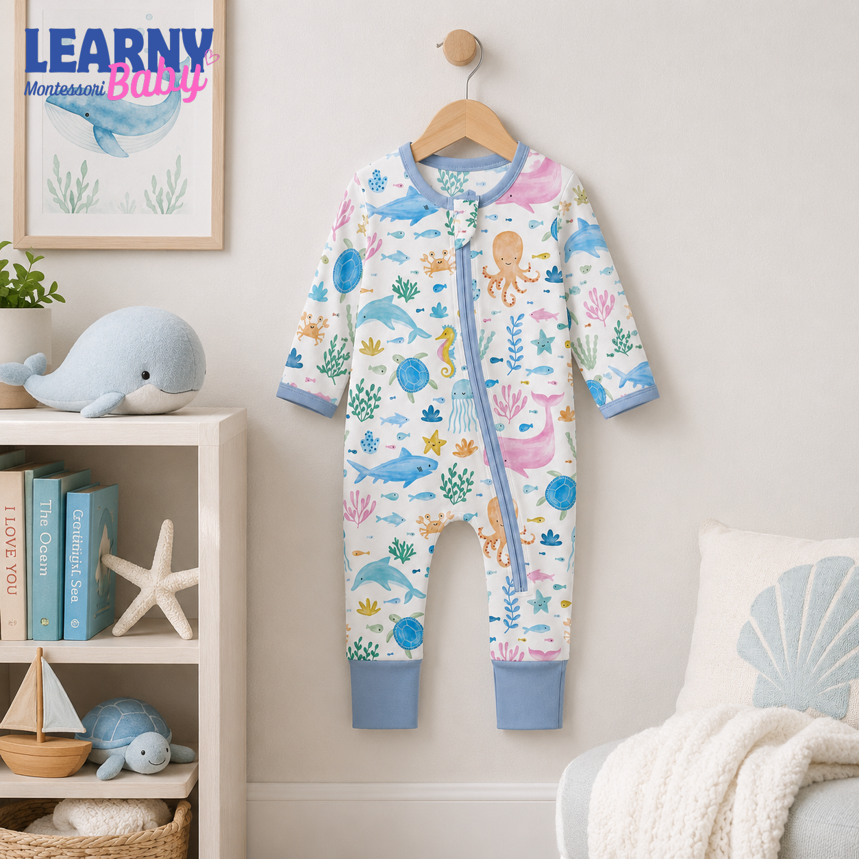 Ocean Animals Bamboo Baby Convertible Zippy Pajamas, Sea Life Baby Sleeper, Marine Newborn Pajamas, Toddler Sleepwear