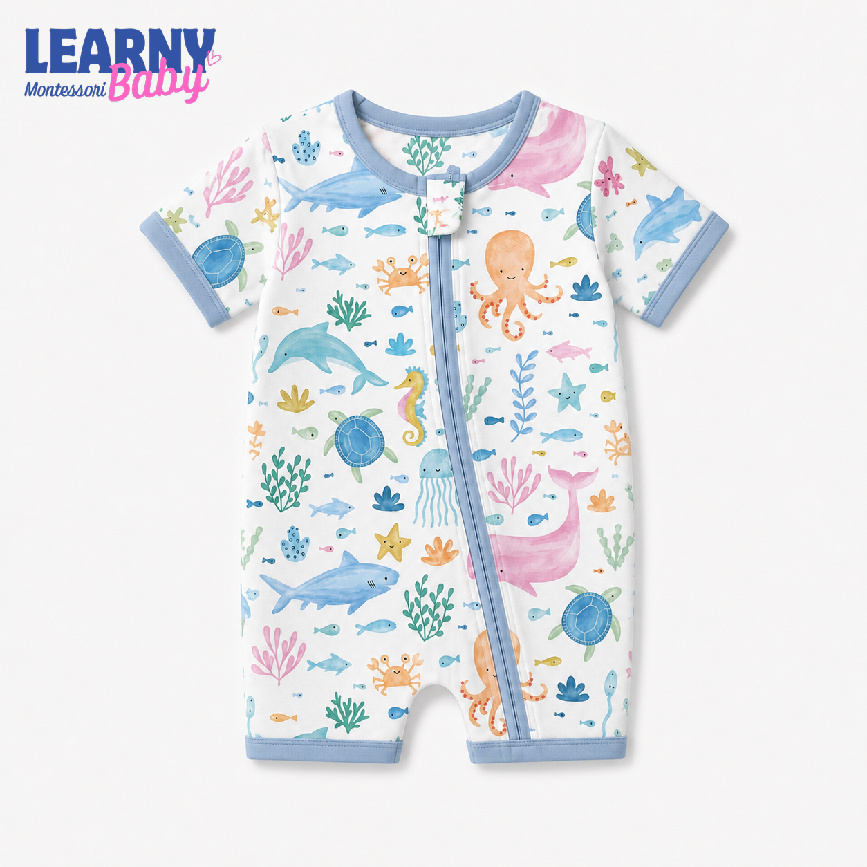 Ocean Animals Bamboo Baby Convertible Zippy Pajamas, Sea Life Baby Sleeper, Marine Newborn Pajamas, Toddler Sleepwear