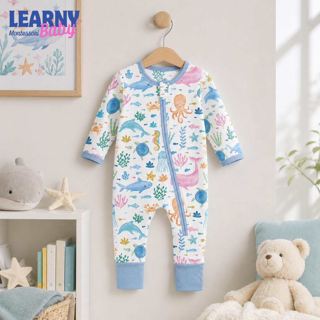 Ocean Animals Bamboo Baby Convertible Zippy Pajamas, Sea Life Baby Sleeper, Marine Newborn Pajamas, Toddler Sleepwear
