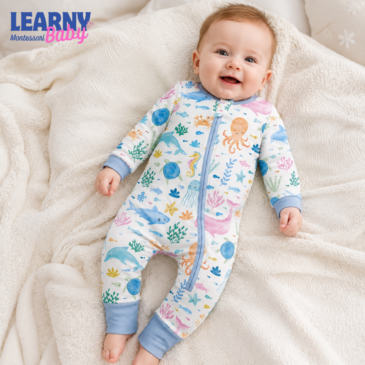 Ocean Animals Bamboo Baby Convertible Zippy Pajamas, Sea Life Baby Sleeper, Marine Newborn Pajamas, Toddler Sleepwear