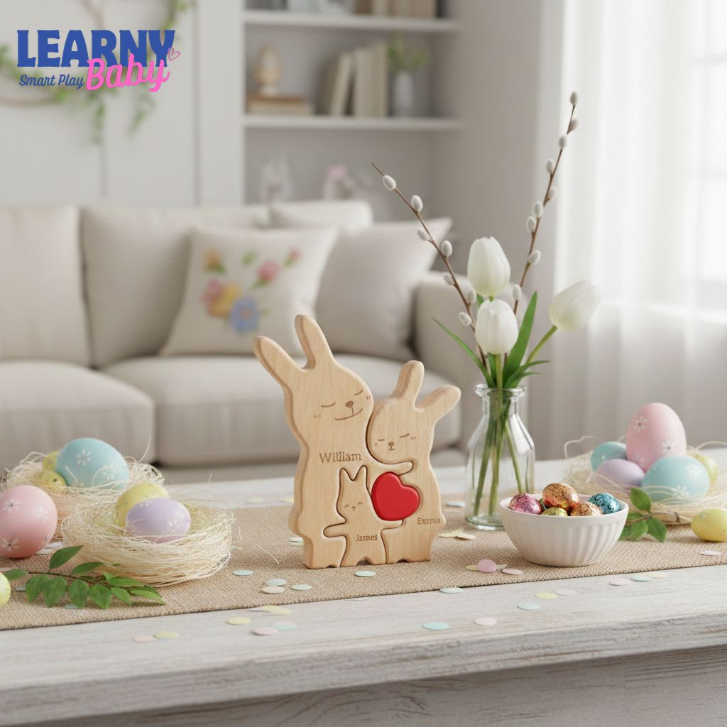Custom Easter Day Wooden Family Puzzle, Personalized Bunny Rabbit Names, Spring Home Decor, Cute Easter Gift for Family, Nursery Shelf Decor