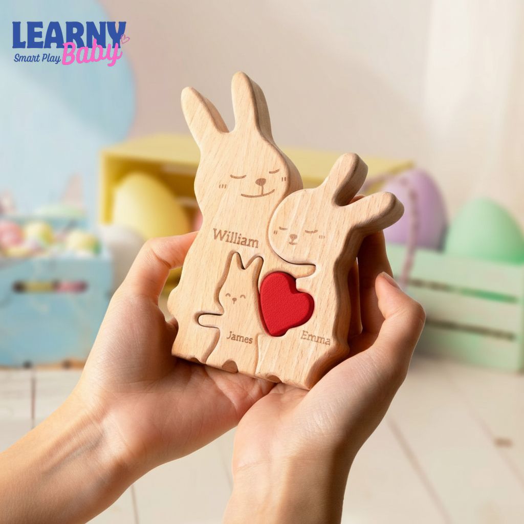 Custom Easter Day Wooden Family Puzzle, Personalized Bunny Rabbit Names, Spring Home Decor, Cute Easter Gift for Family, Nursery Shelf Decor