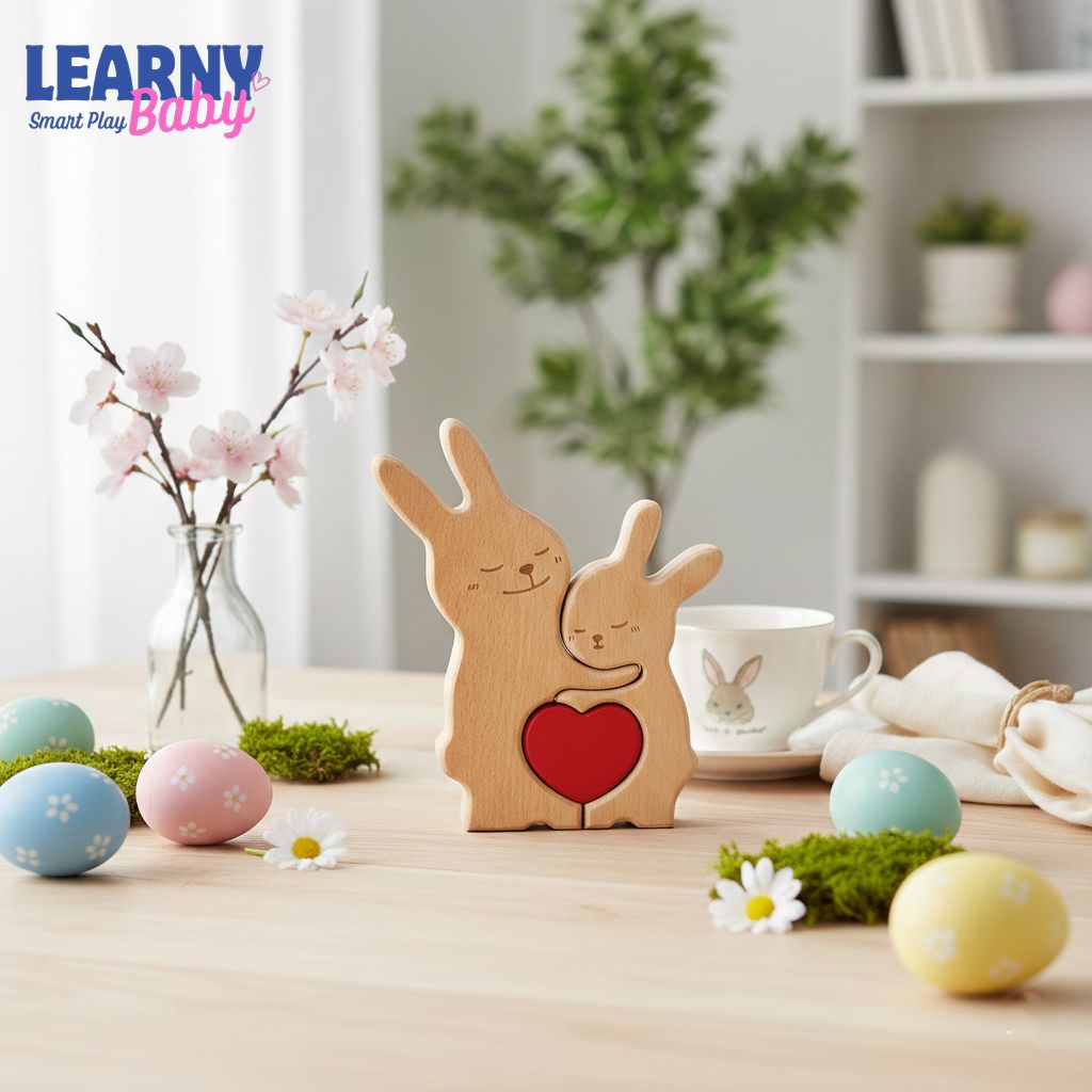 Custom Easter Day Wooden Family Puzzle, Personalized Bunny Rabbit Names, Spring Home Decor, Cute Easter Gift for Family, Nursery Shelf Decor