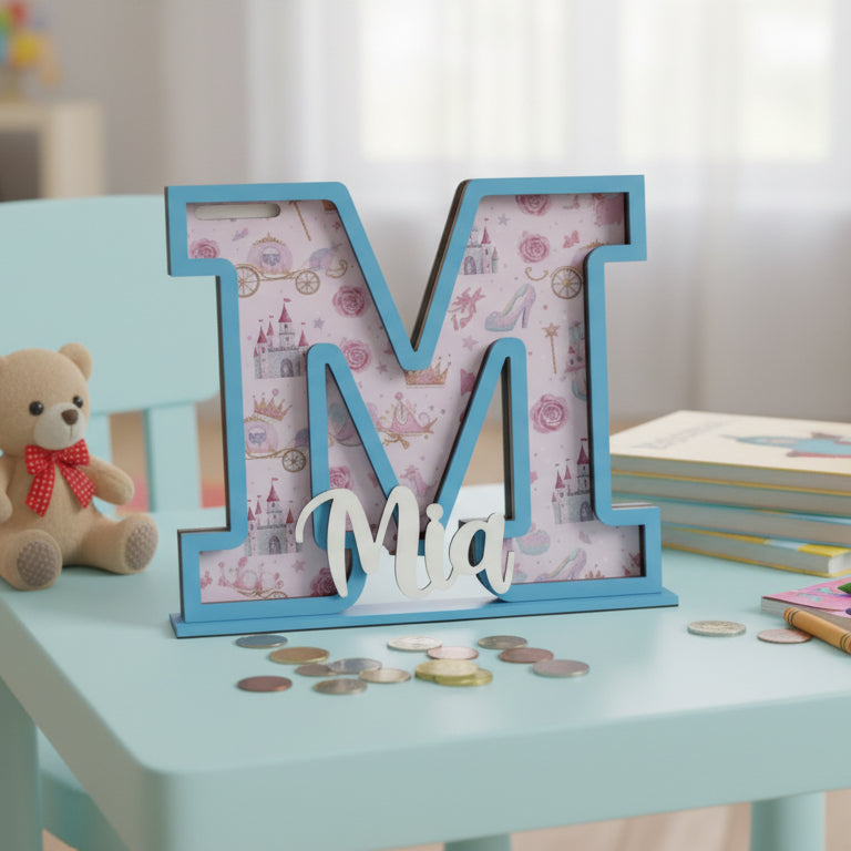 Personalized Princess Piggy Bank, Wooden Coin Bank for Kids, Custom Name, Birthday Gift, Pink Nursery Decor, Gift For Girl