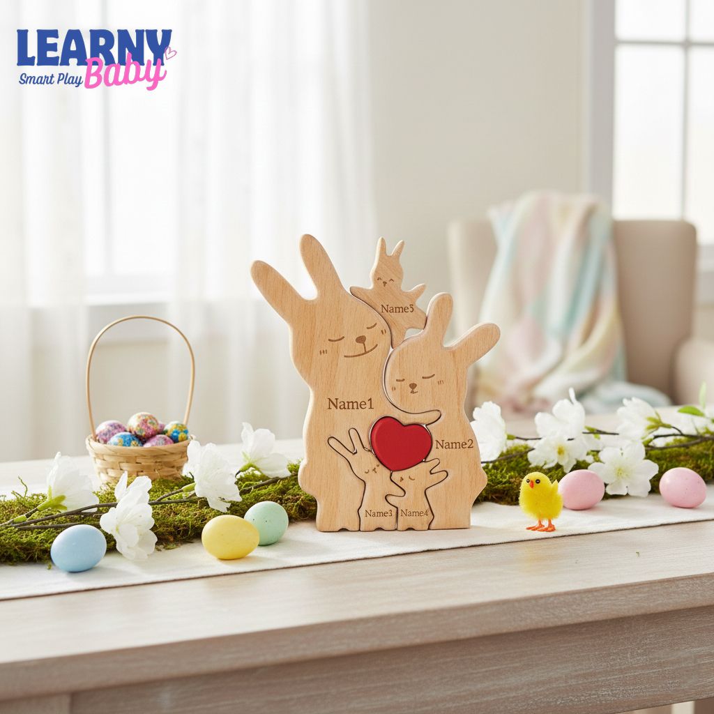 Custom Easter Day Wooden Family Puzzle, Personalized Bunny Rabbit Names, Spring Home Decor, Cute Easter Gift for Family, Nursery Shelf Decor
