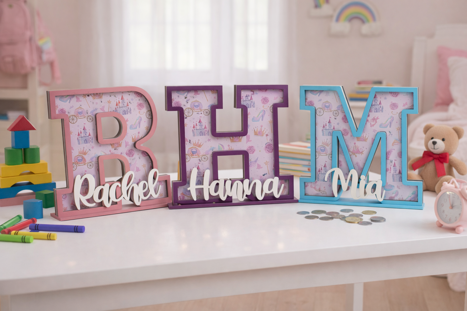 Personalized Princess Piggy Bank, Wooden Coin Bank for Kids, Custom Name, Birthday Gift, Pink Nursery Decor, Gift For Girl