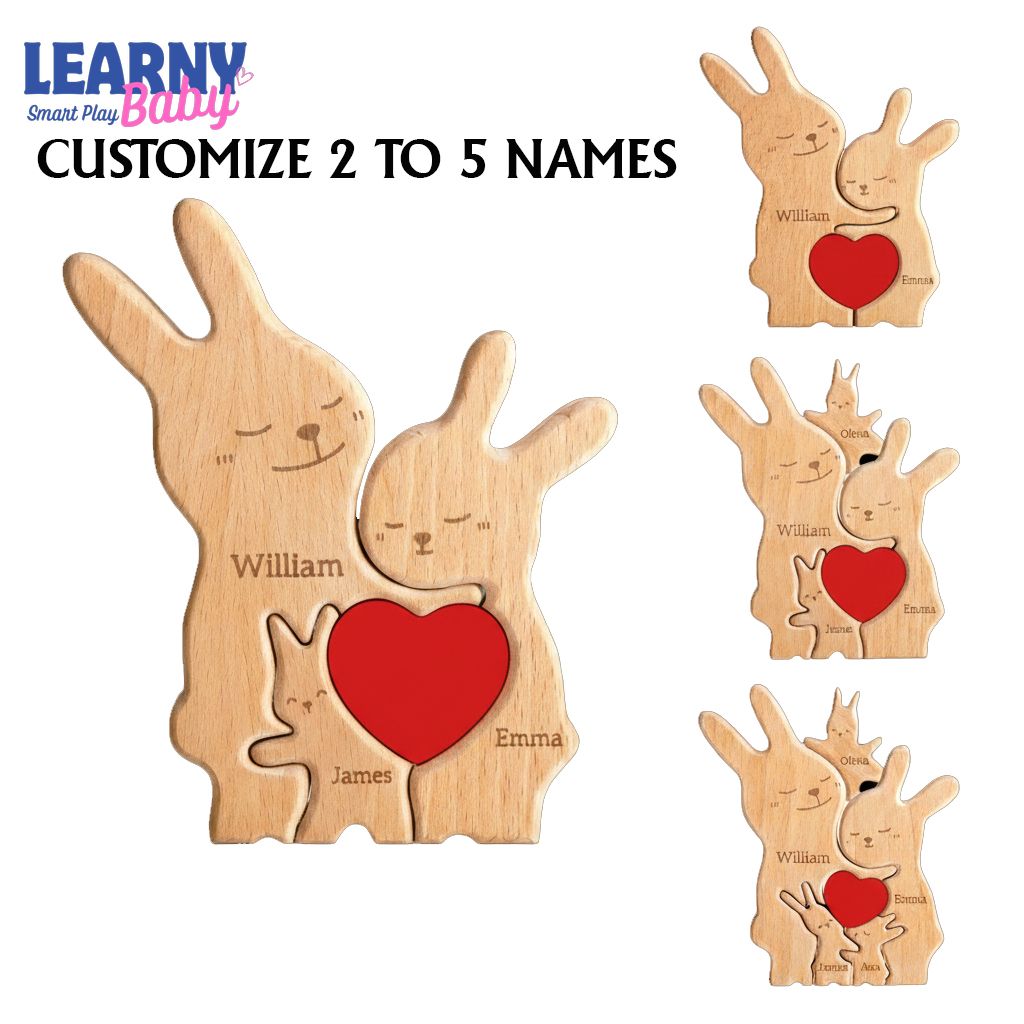 Custom Easter Day Wooden Family Puzzle, Personalized Bunny Rabbit Names, Spring Home Decor, Cute Easter Gift for Family, Nursery Shelf Decor