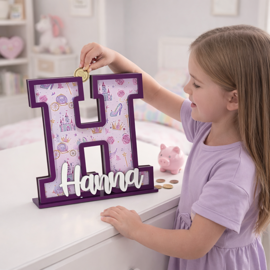 Personalized Princess Piggy Bank, Wooden Coin Bank for Kids, Custom Name, Birthday Gift, Pink Nursery Decor, Gift For Girl