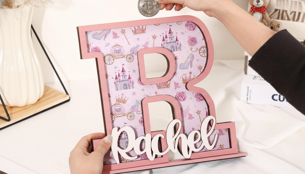 Personalized Princess Piggy Bank, Wooden Coin Bank for Kids, Custom Name, Birthday Gift, Pink Nursery Decor, Gift For Girl