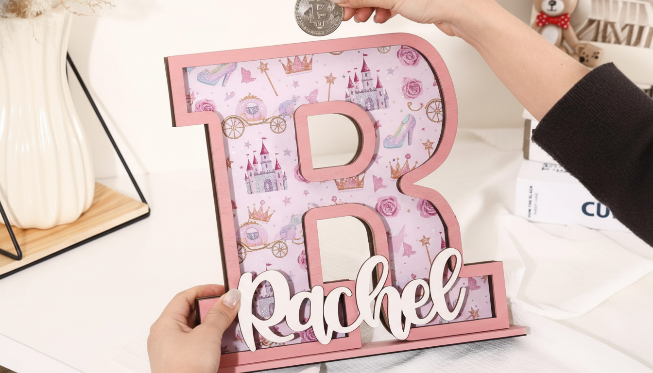 Personalized Princess Piggy Bank, Wooden Coin Bank for Kids, Custom Name, Birthday Gift, Pink Nursery Decor, Gift For Girl