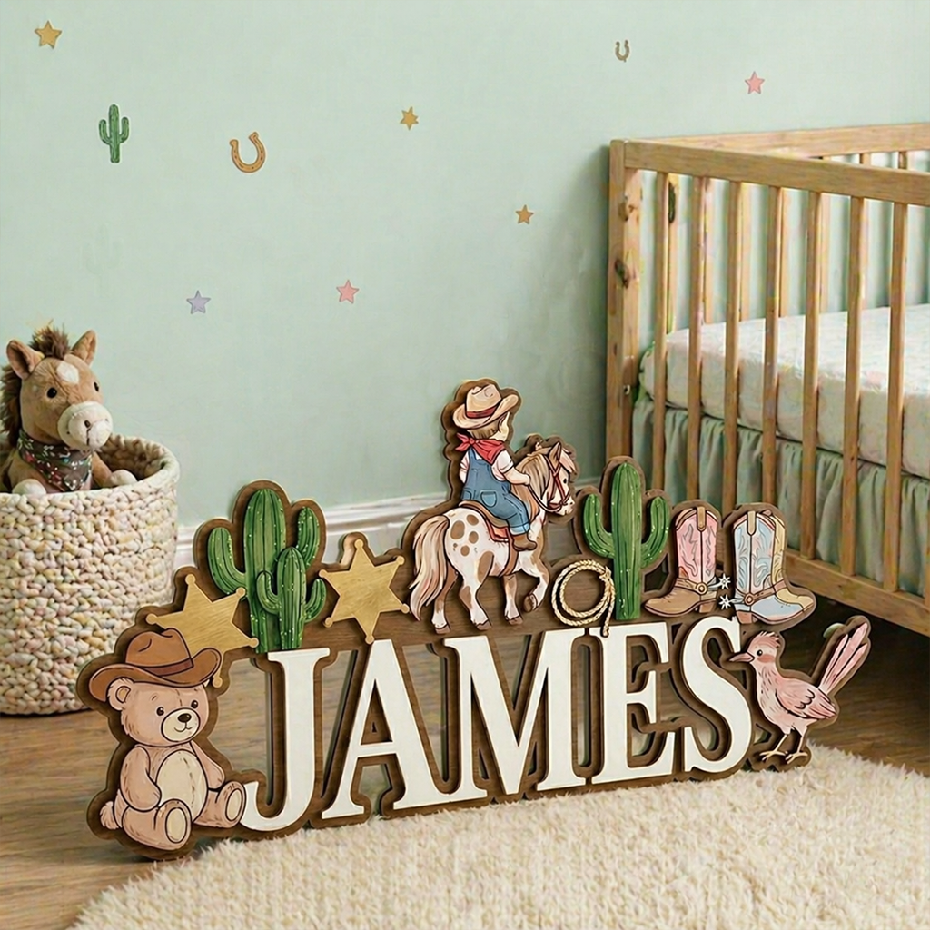 Personalized Name Sign for Nursery, Western Cowboy Wooden Wall Decor, Custom Baby Name Sign, Baby Boy Room Decor, Baby Shower Gift