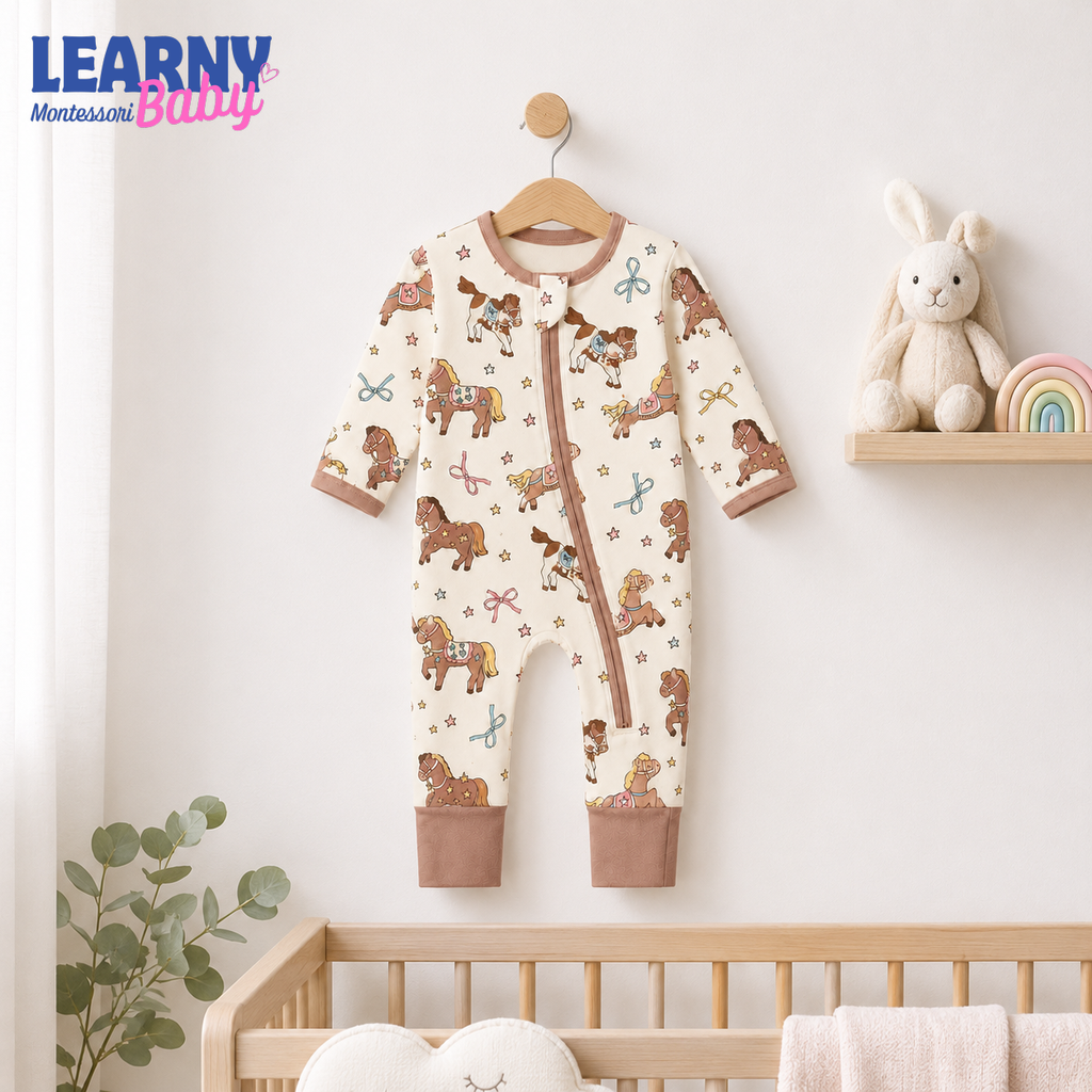 Cute Pony and Horse Bamboo Baby Convertible Zippy Pajamas, Western Baby Sleeper, Cowgirl Newborn Pajamas, Toddler Sleepwear