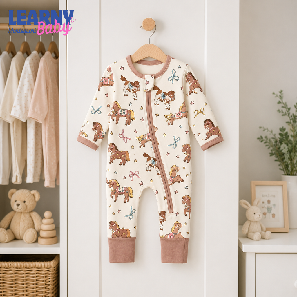 Cute Pony and Horse Bamboo Baby Convertible Zippy Pajamas, Western Baby Sleeper, Cowgirl Newborn Pajamas, Toddler Sleepwear