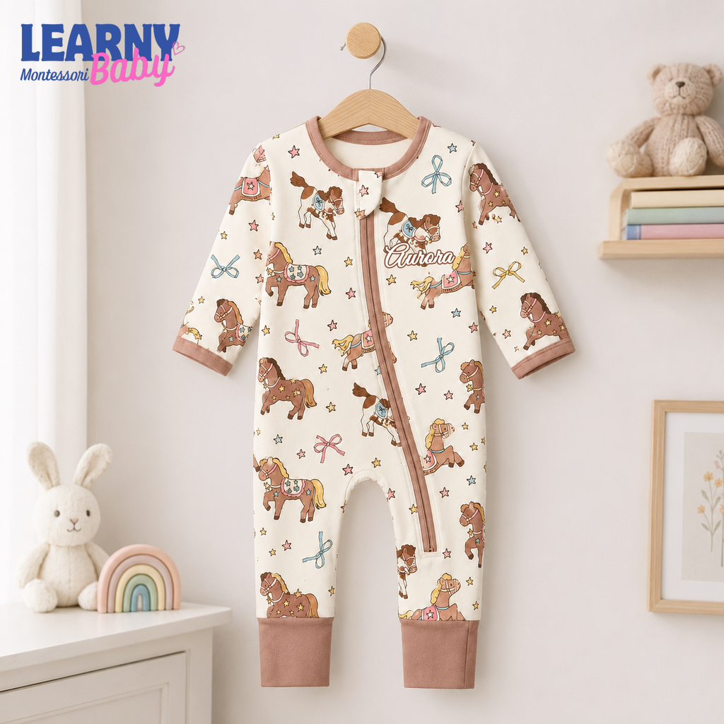 Cute Pony and Horse Bamboo Baby Convertible Zippy Pajamas, Western Baby Sleeper, Cowgirl Newborn Pajamas, Bamboo Clothing