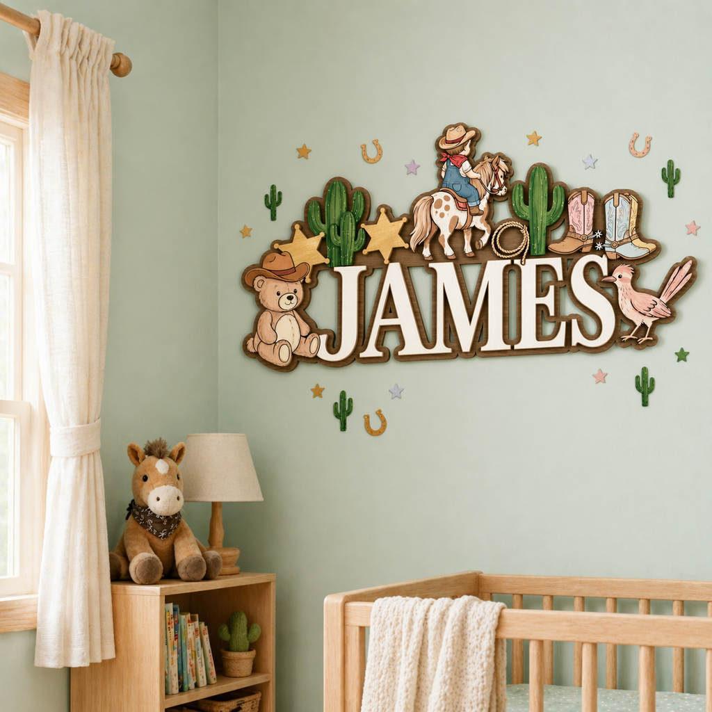 Personalized Name Sign for Nursery, Western Cowboy Wooden Wall Decor, Custom Baby Name Sign, Baby Boy Room Decor, Baby Shower Gift