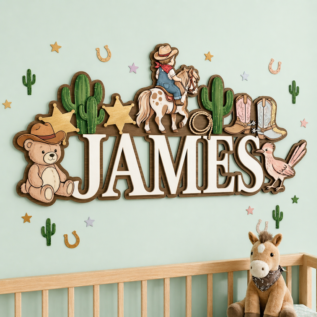 Personalized Name Sign for Nursery, Western Cowboy Wooden Wall Decor, Custom Baby Name Sign, Baby Boy Room Decor, Baby Shower Gift