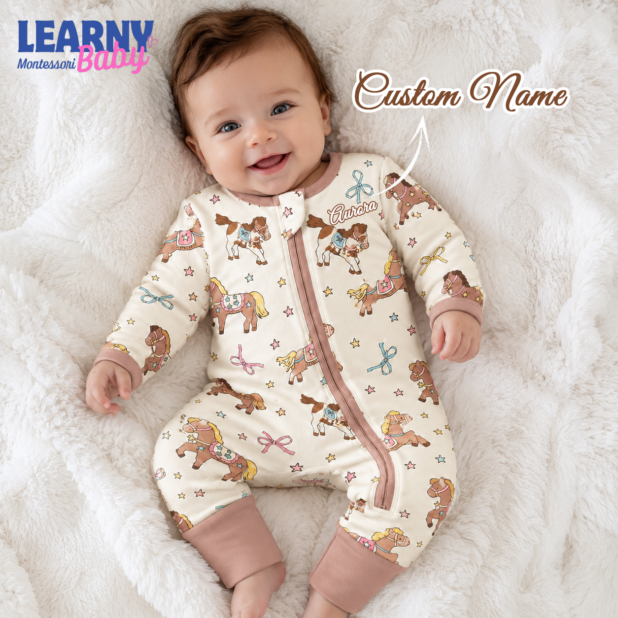 Cute Pony and Horse Bamboo Baby Convertible Zippy Pajamas, Western Baby Sleeper, Cowgirl Newborn Pajamas, Bamboo Clothing