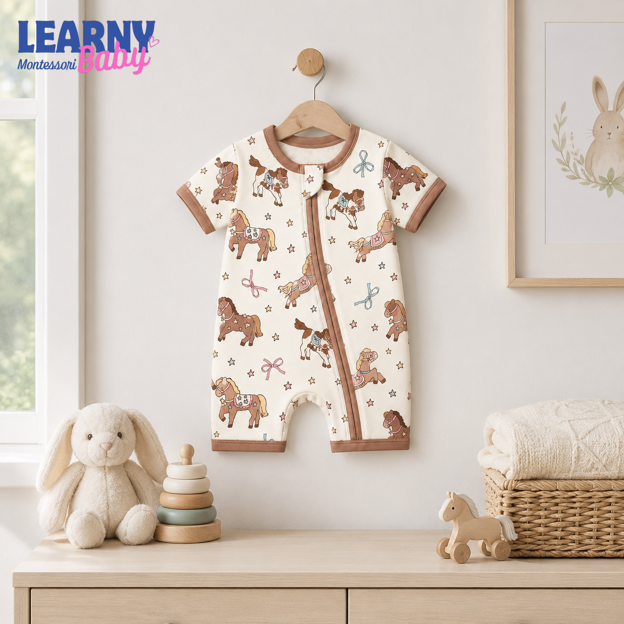Cute Pony and Horse Bamboo Baby Convertible Zippy Pajamas, Western Baby Sleeper, Cowgirl Newborn Pajamas, Toddler Sleepwear