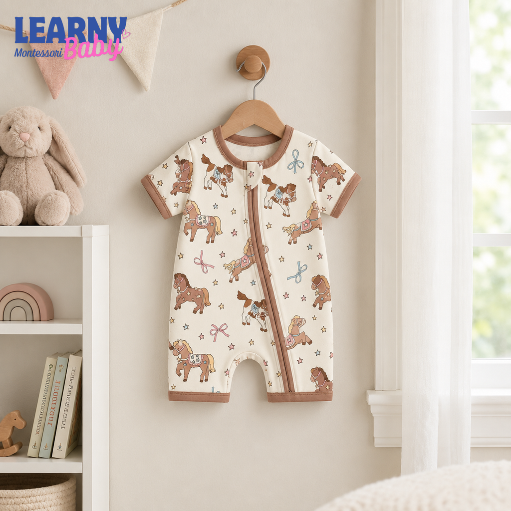 Cute Pony and Horse Bamboo Baby Convertible Zippy Pajamas, Western Baby Sleeper, Cowgirl Newborn Pajamas, Toddler Sleepwear