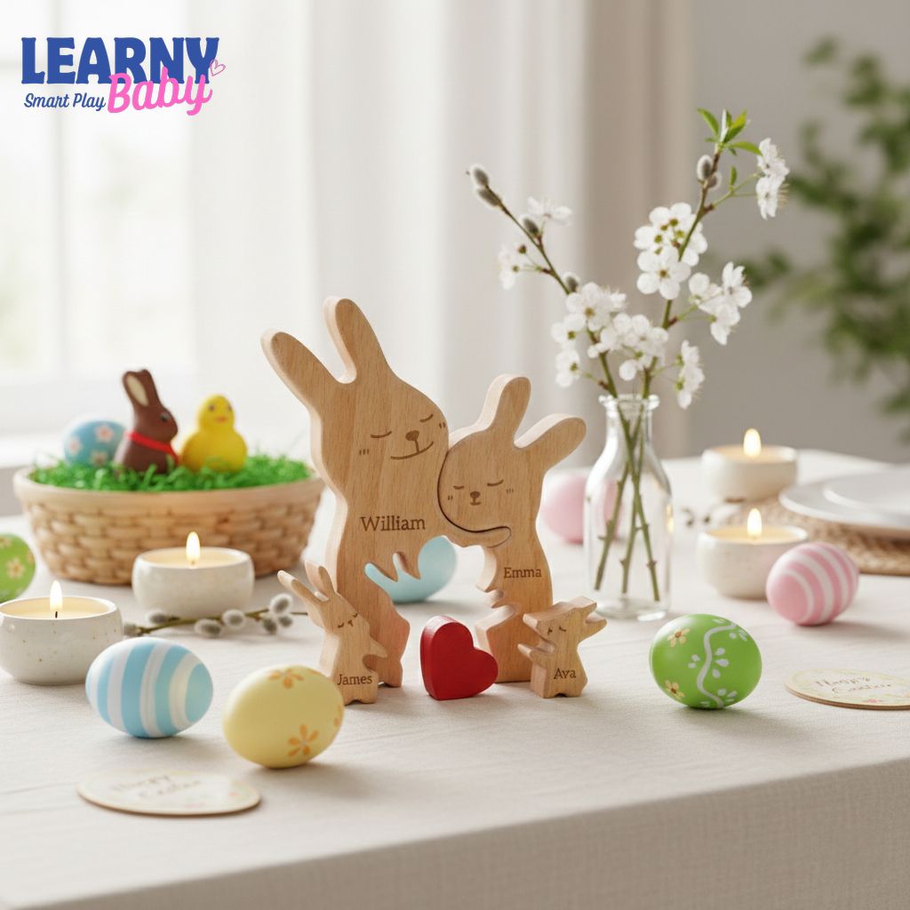 Custom Easter Day Wooden Family Puzzle, Personalized Bunny Rabbit Names, Spring Home Decor, Cute Easter Gift for Family, Nursery Shelf Decor