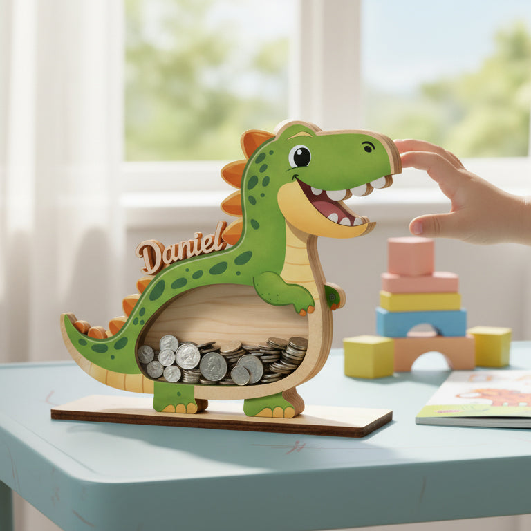 Personalized Dinosaur Piggy Bank for Kids, Custom Name Wooden Coin Bank, Dinosaur Nursery Decor, Kids Savings Bank, Gift for Boys Girls