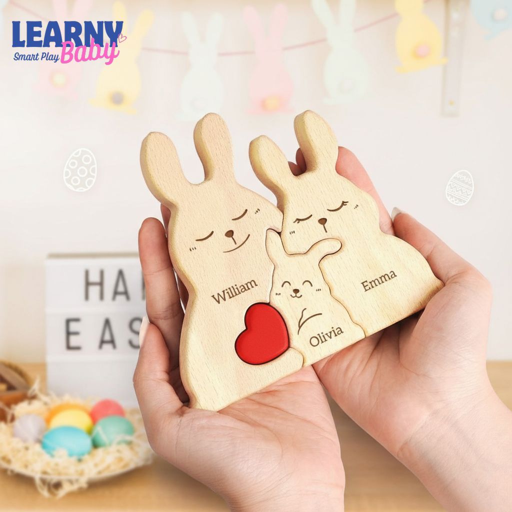 Easter Bunny Wooden Family Puzzle Sign, Personalized Names Rabbit Puzzle, Handmade Easter Day Gift, Spring Table Decor, Family Keepsake