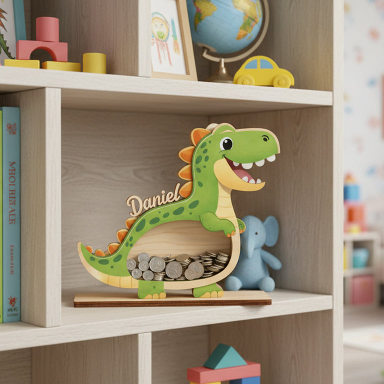 Personalized Dinosaur Piggy Bank for Kids, Custom Name Wooden Coin Bank, Dinosaur Nursery Decor, Kids Savings Bank, Gift for Boys Girls
