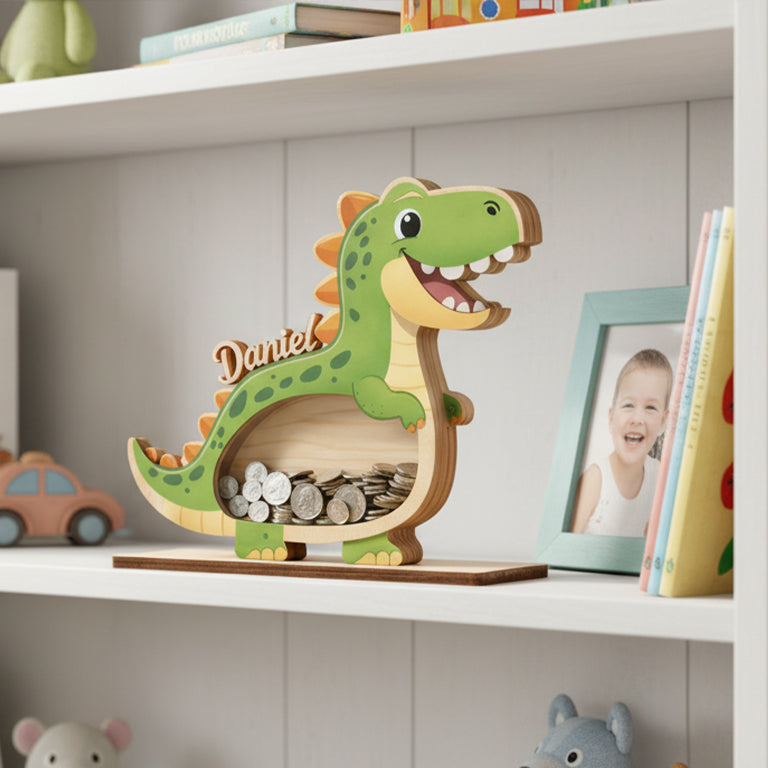 Personalized Dinosaur Piggy Bank for Kids, Custom Name Wooden Coin Bank, Dinosaur Nursery Decor, Kids Savings Bank, Gift for Boys Girls