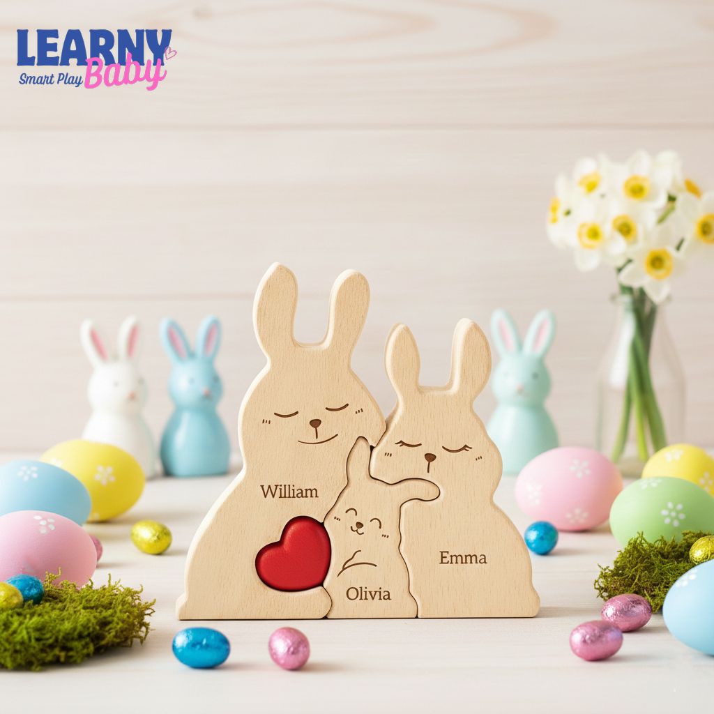 Easter Bunny Wooden Family Puzzle Sign, Personalized Names Rabbit Puzzle, Handmade Easter Day Gift, Spring Table Decor, Family Keepsake
