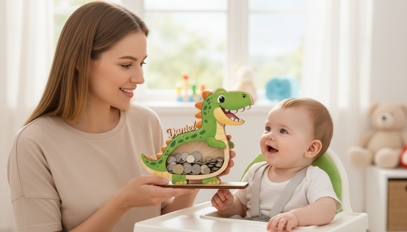 Personalized Dinosaur Piggy Bank for Kids, Custom Name Wooden Coin Bank, Dinosaur Nursery Decor, Kids Savings Bank, Gift for Boys Girls