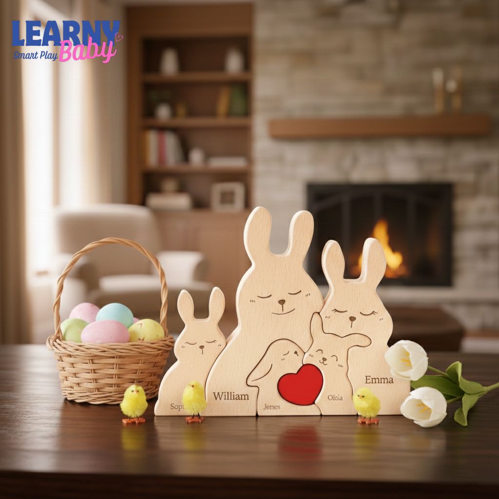 Easter Bunny Wooden Family Puzzle Sign, Personalized Names Rabbit Puzzle, Handmade Easter Day Gift, Spring Table Decor, Family Keepsake