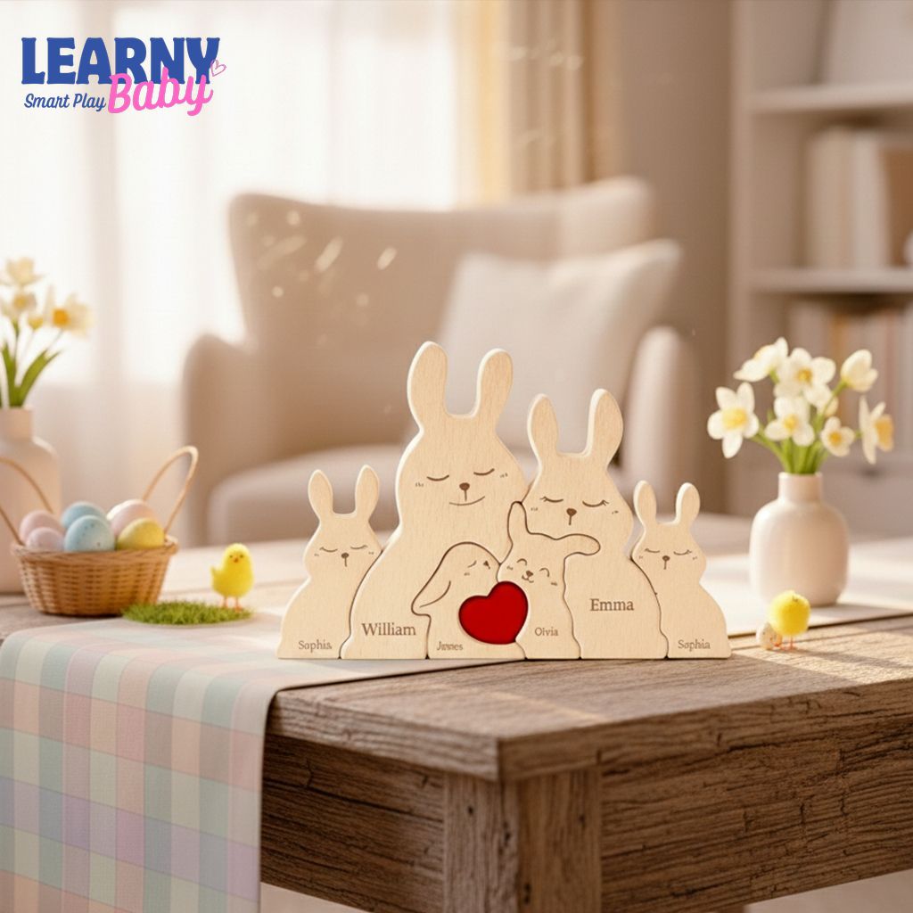 Easter Bunny Wooden Family Puzzle Sign, Personalized Names Rabbit Puzzle, Handmade Easter Day Gift, Spring Table Decor, Family Keepsake