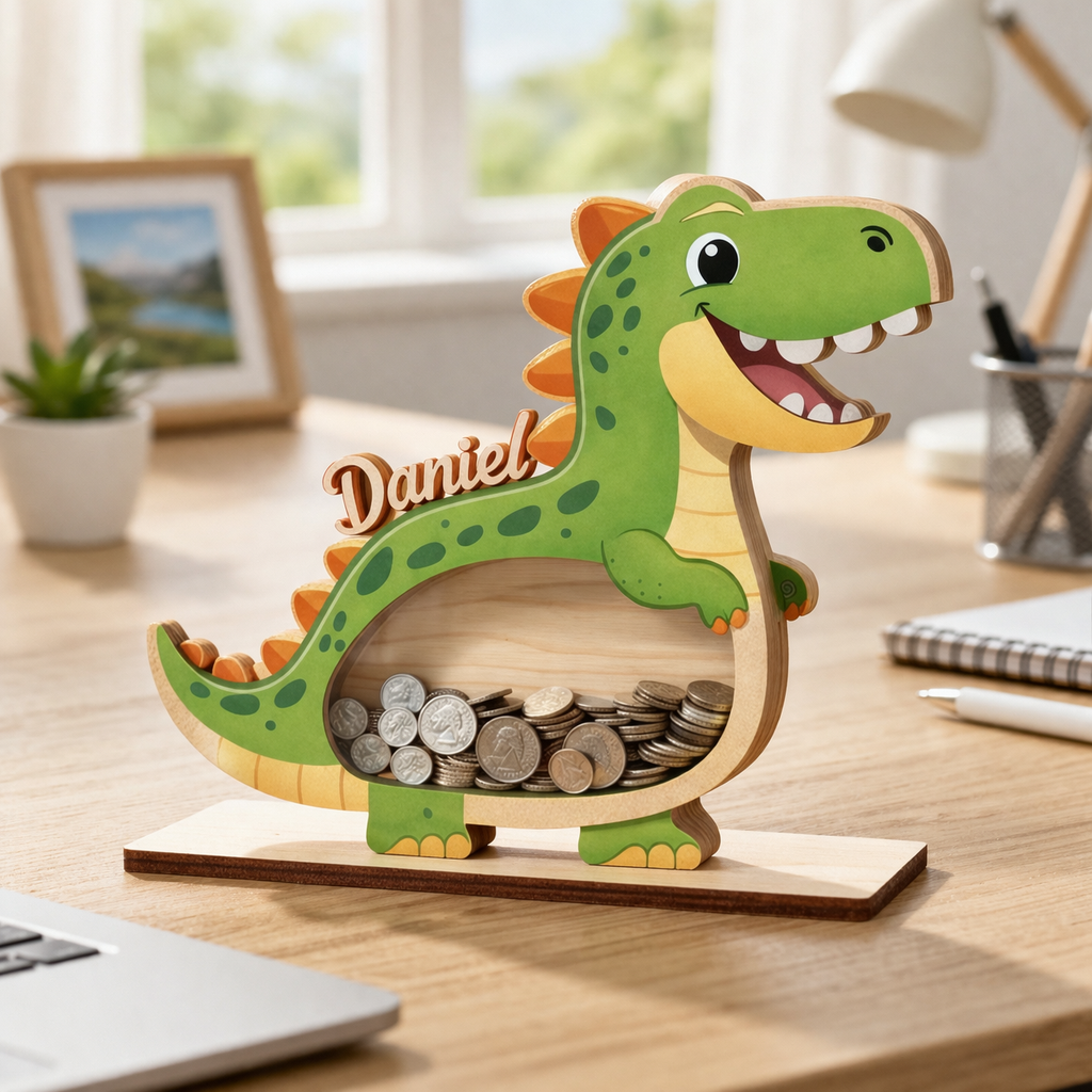 Personalized Dinosaur Piggy Bank for Kids, Custom Name Wooden Coin Bank, Dinosaur Nursery Decor, Kids Savings Bank, Gift for Boys Girls