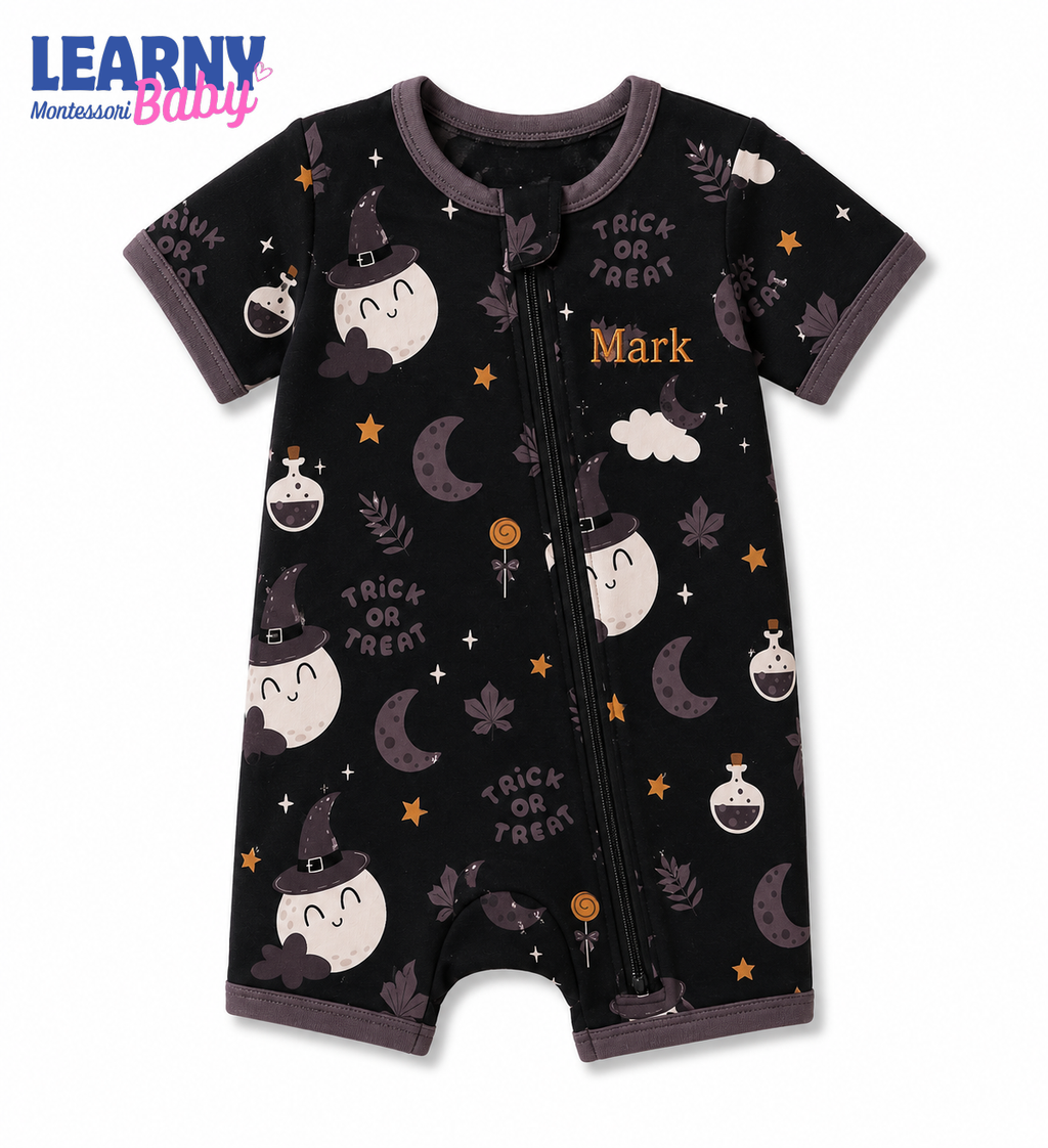 Personalized Halloween Bamboo Baby Convertible Zippy, Custom Name Ghost Pumpkin Romper, Baby Boy Girl Halloween Pajamas