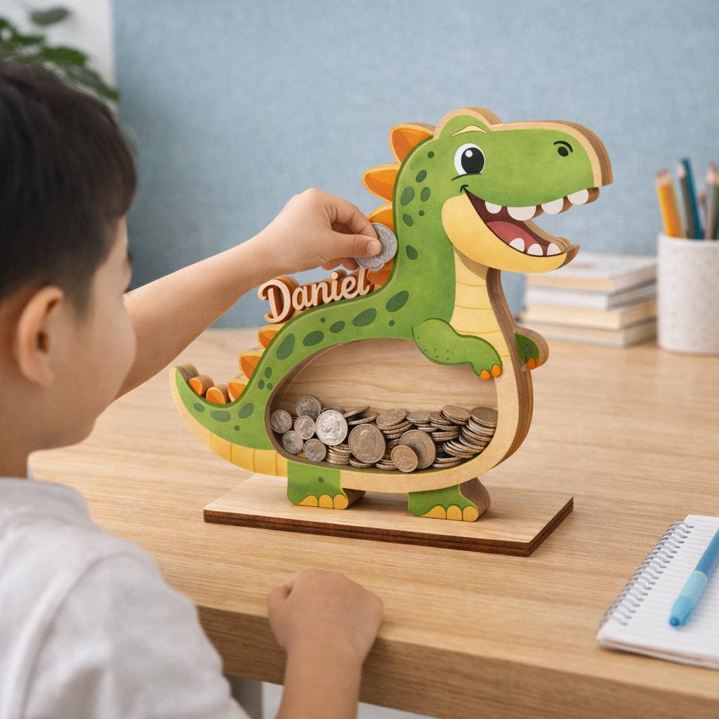 Personalized Dinosaur Piggy Bank for Kids, Custom Name Wooden Coin Bank, Dinosaur Nursery Decor, Kids Savings Bank, Gift for Boys Girls