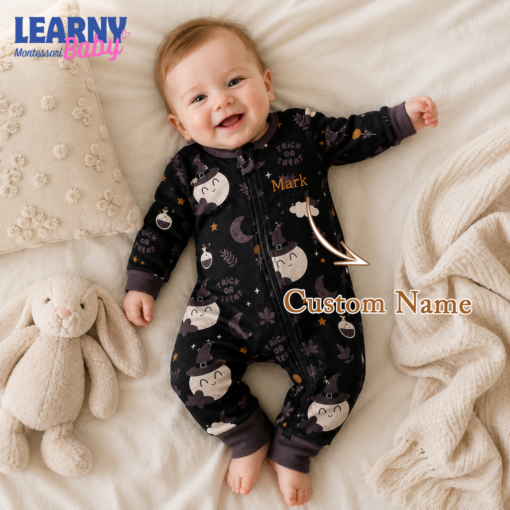 Personalized Halloween Bamboo Baby Convertible Zippy, Custom Name Ghost Pumpkin Romper, Baby Boy Girl Halloween Pajamas