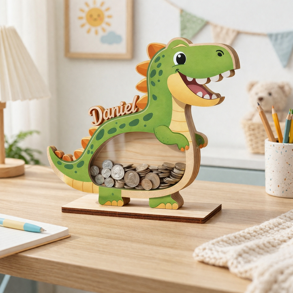 Personalized Dinosaur Piggy Bank for Kids, Custom Name Wooden Coin Bank, Dinosaur Nursery Decor, Kids Savings Bank, Gift for Boys Girls