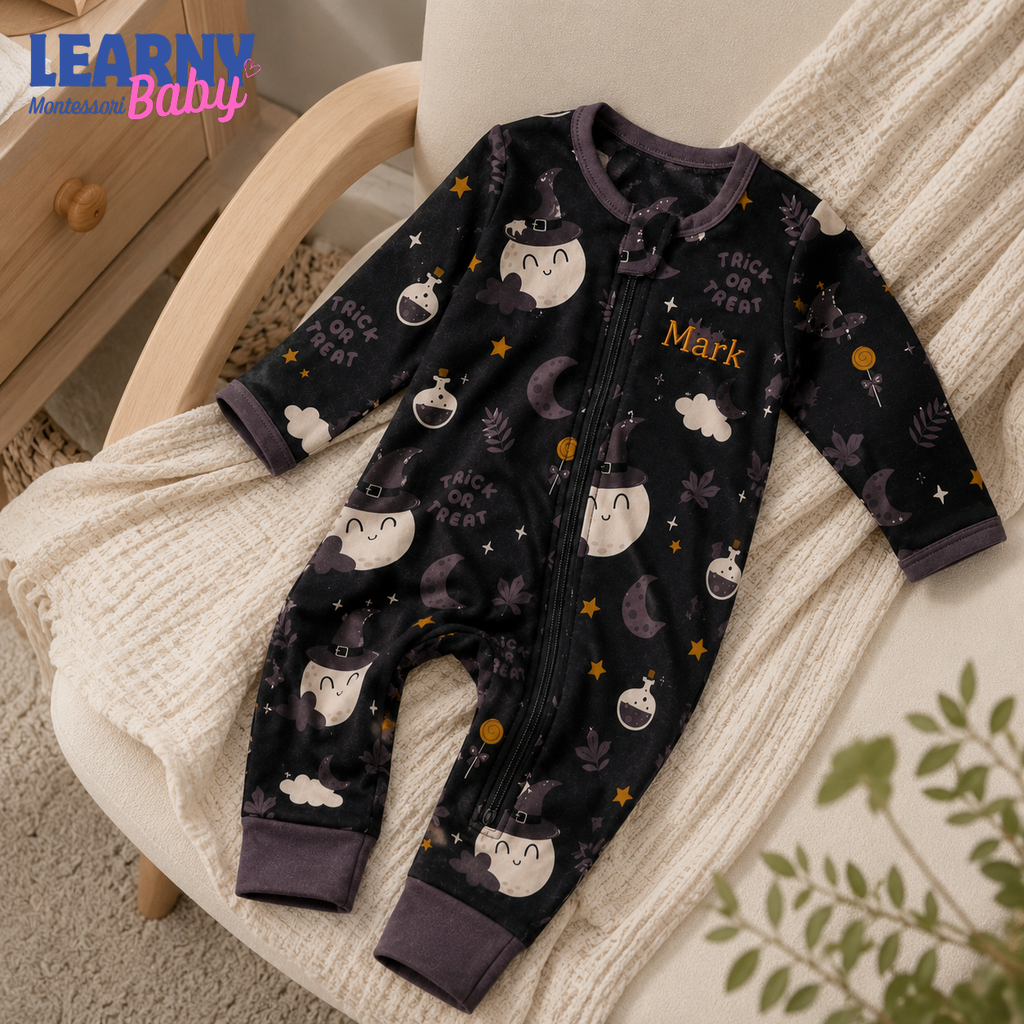 Personalized Halloween Bamboo Baby Convertible Zippy, Custom Name Ghost Pumpkin Romper, Baby Boy Girl Halloween Pajamas