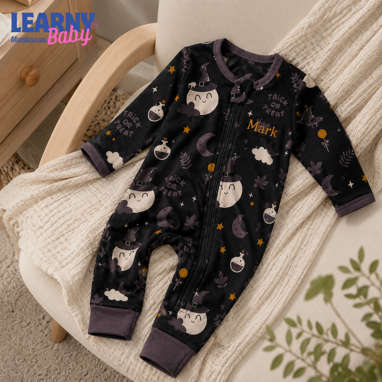 Personalized Halloween Bamboo Baby Convertible Zippy, Custom Name Ghost Pumpkin Romper, Baby Boy Girl Halloween Pajamas