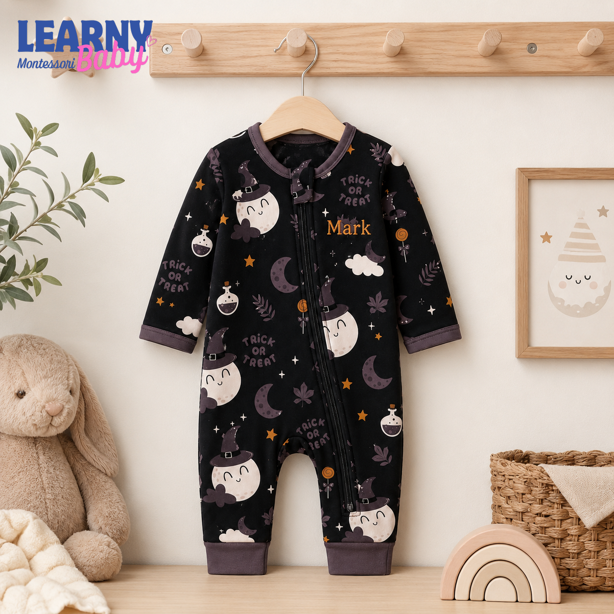 Personalized Halloween Bamboo Baby Convertible Zippy, Custom Name Ghost Pumpkin Romper, Baby Boy Girl Halloween Pajamas